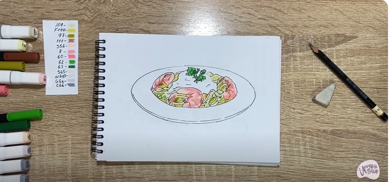 Рисуем Паста с креветками