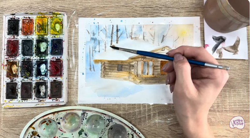 Рисуем Зимняя баня