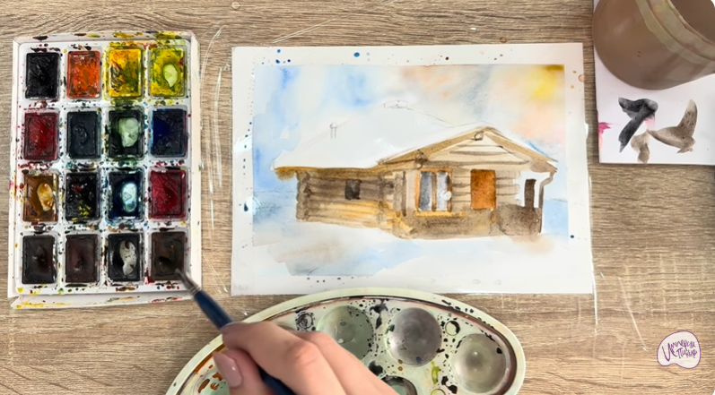 Рисуем Зимняя баня