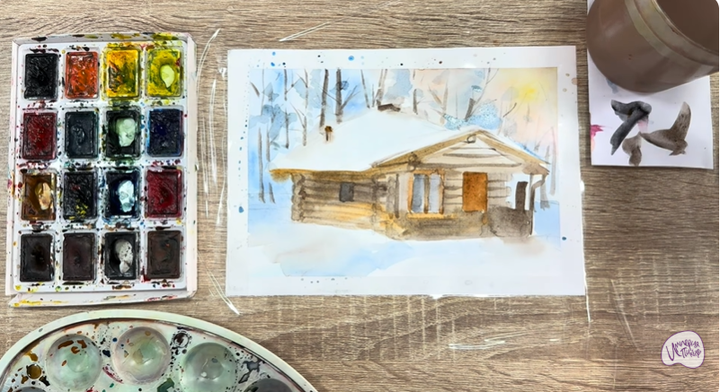 Рисуем Зимняя баня