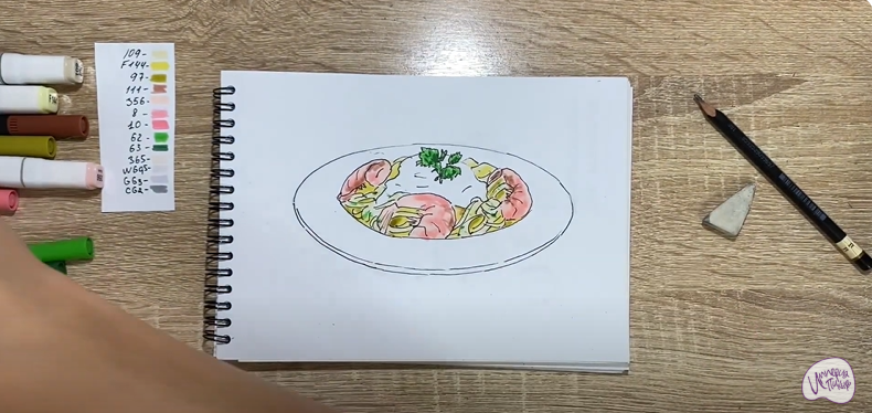 Рисуем Паста с креветками