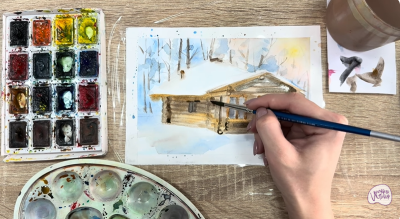 Рисуем Зимняя баня