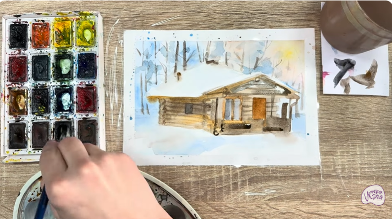 Рисуем Зимняя баня