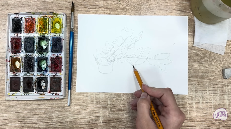 Рисуем Пеллиония в горшке