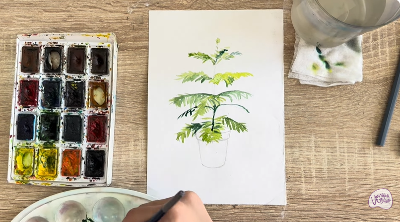 Рисуем Араукария в горшке
