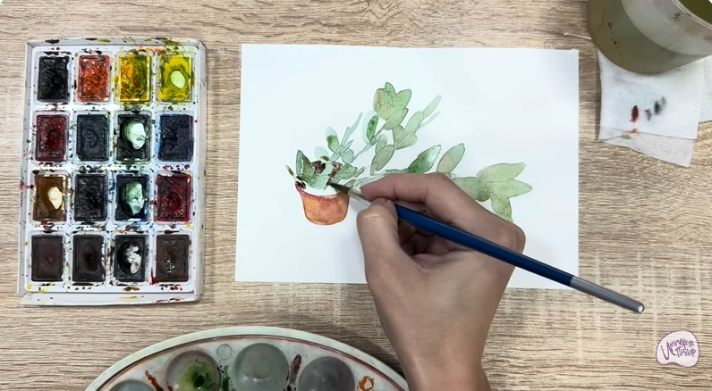 Рисуем Пеллиония в горшке