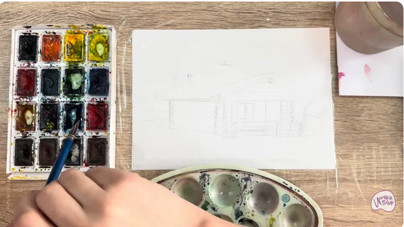 Рисуем Зимняя баня