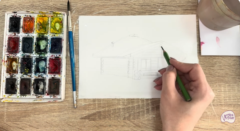 Рисуем Зимняя баня