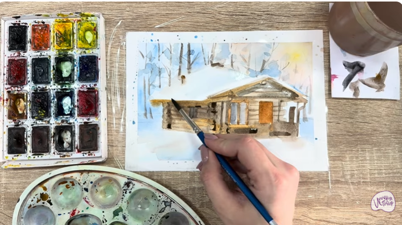 Рисуем Зимняя баня