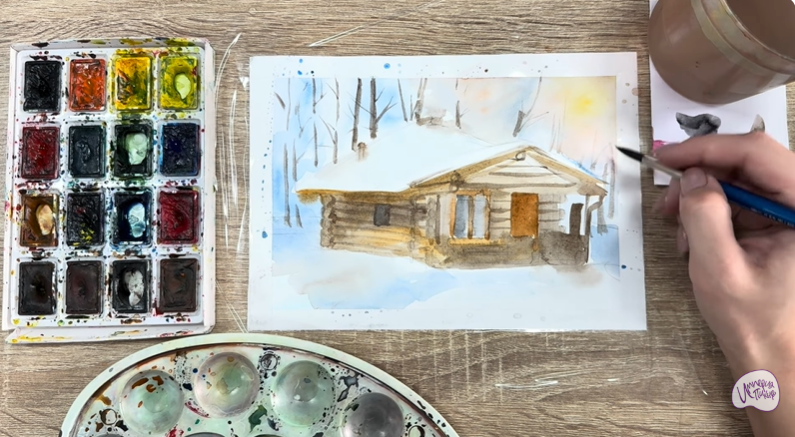 Рисуем Зимняя баня