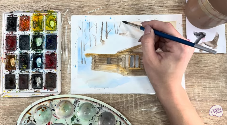 Рисуем Зимняя баня