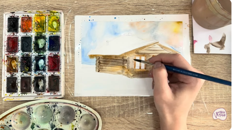 Рисуем Зимняя баня