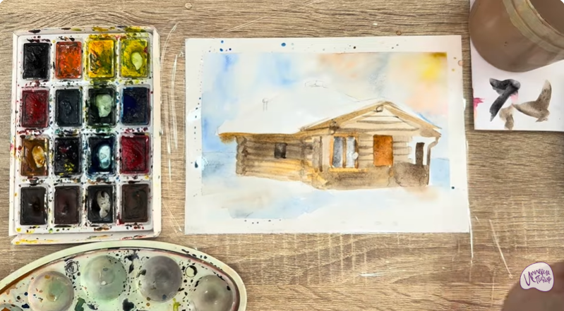 Рисуем Зимняя баня