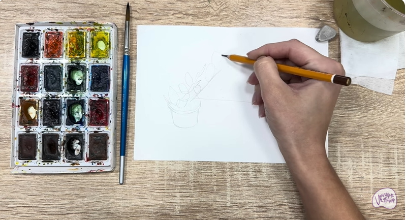 Рисуем Пеллиония в горшке